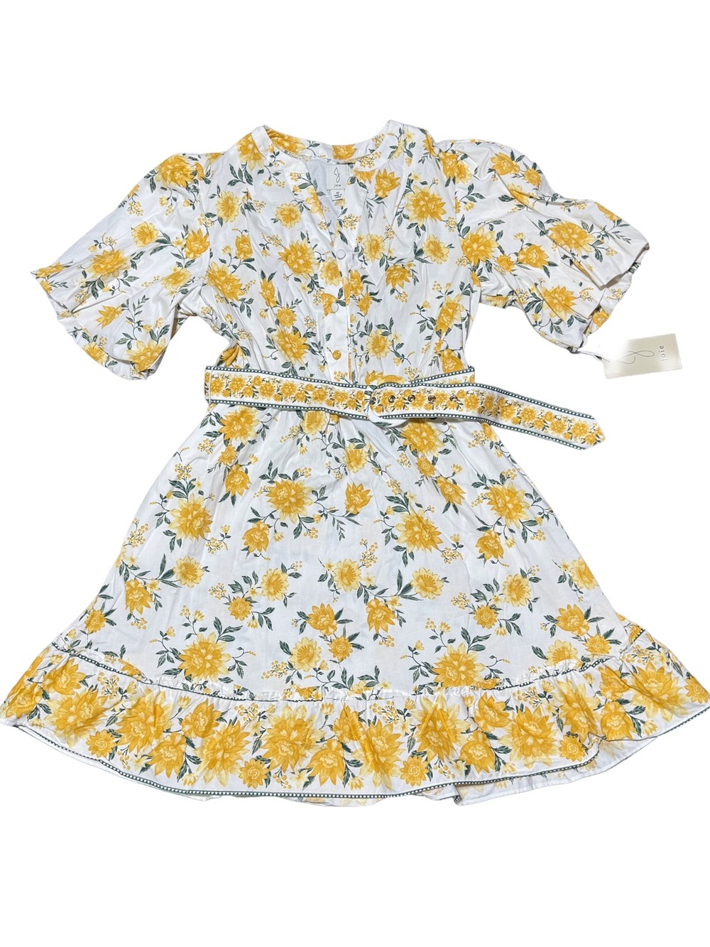 Joie White Dress with Yellow Floral Print and Belt